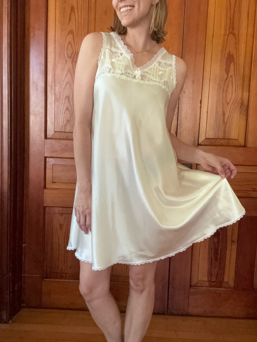 Carole Hochman Cream Satin Lace-Trim Chemise